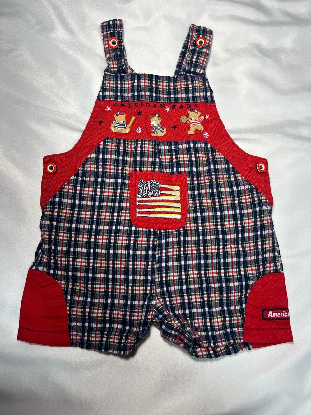 Vintage American Baby 6-9M Patriotic Plaid Overalls USA Flag Bears Baseball Y2K